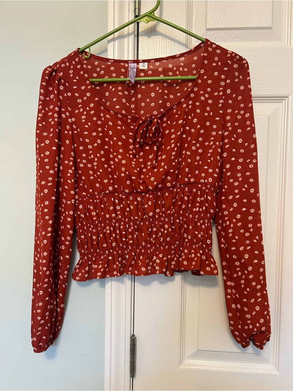 Alyx Rust Red Floral Smocked Tie-Front Blouse